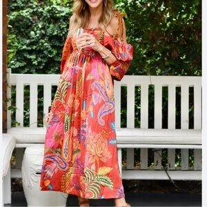Farm Rio Mystic Bush Red Tropical Paisley Velvet Balloon Sleeve Midi Dress XS